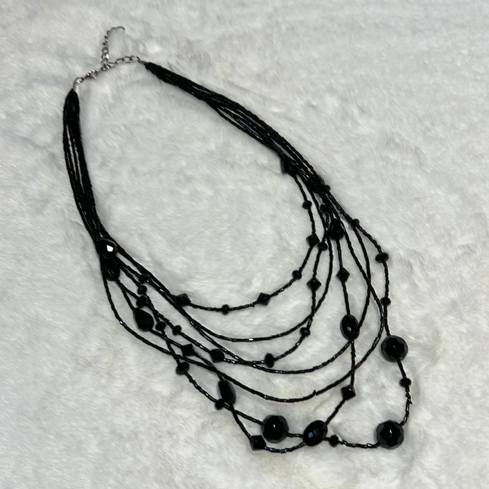 Multi-Strand Black Beaded Necklace‎